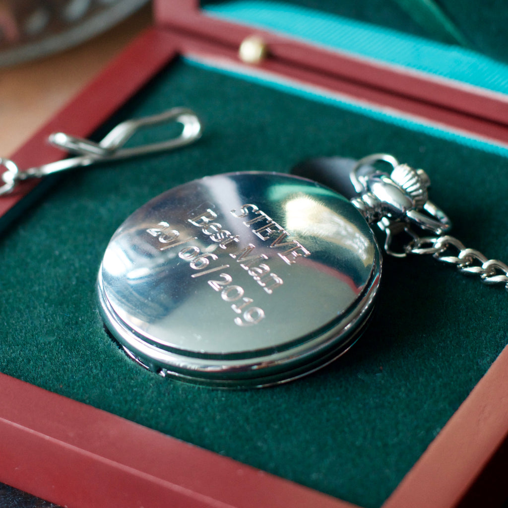 Engraved Silver pocket watch & Rosewood presentation box