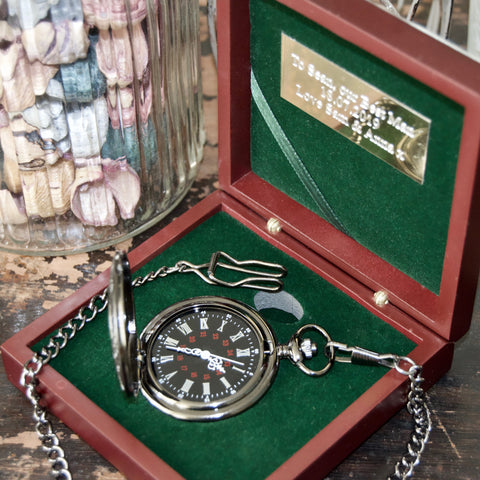Engraved Gunmetal pocket watch & Rosewood presentation box