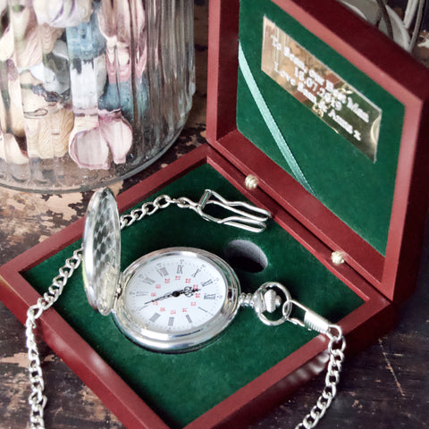 Engraved Silver pocket watch & Rosewood presentation box
