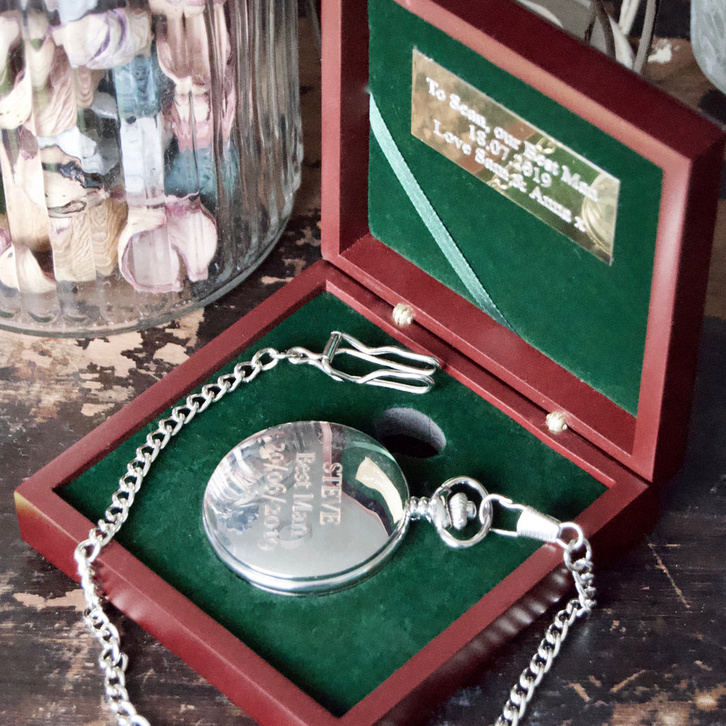 Engraved Silver pocket watch & Rosewood presentation box