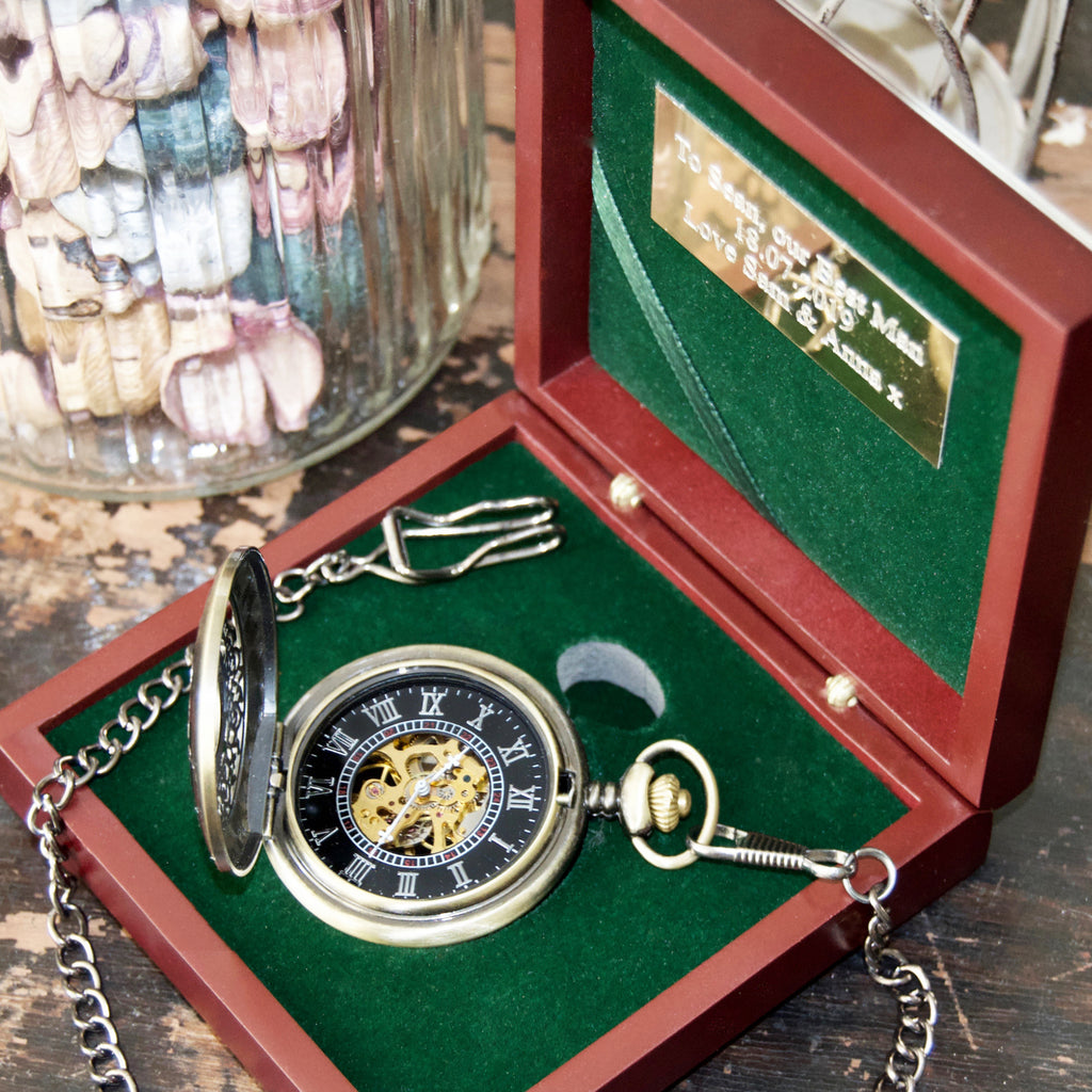 Engraved Steampunk pocket watch & Rosewood presentation box